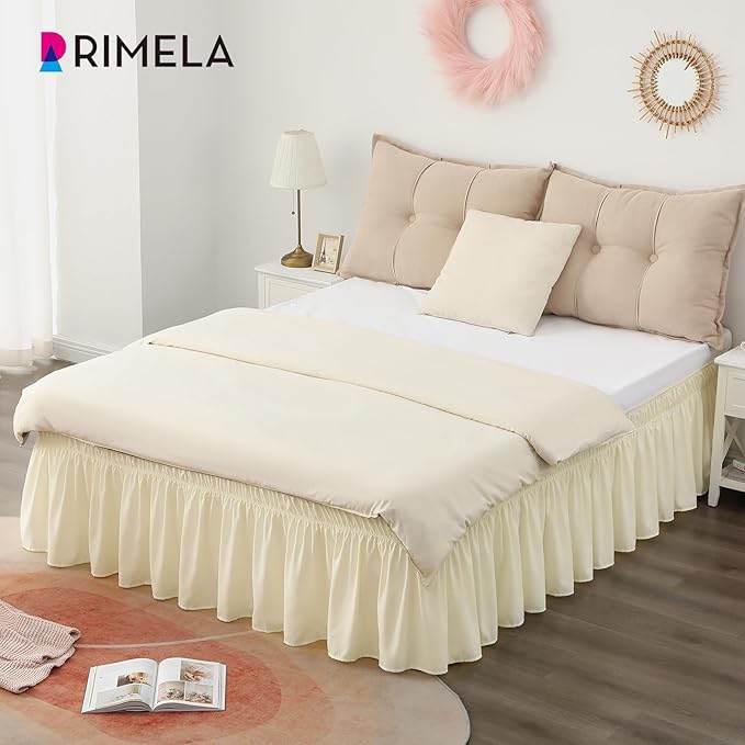 RIMELA Bed Skirt King Size 12 Inch Drop, Wrap Around Elastic Bedskirt Solid Microfiber Luxury Hotel Quality Fabric, Easy to Install Machine Washable Wrinkle & Fade Resistant, Cream
