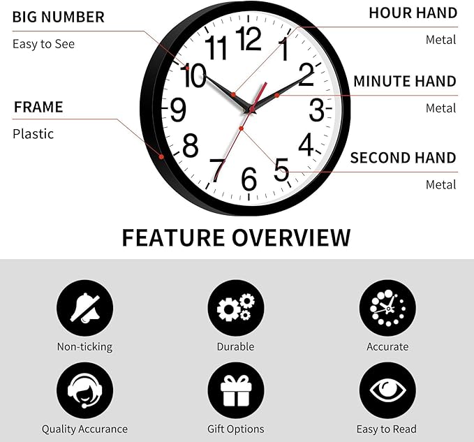 12 Inch Wall Clock Modern Battery Operated Silent Non Ticking Analog for Bedroom Office Living Room Home Kitchen Bathroom(Black)
