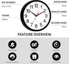 Wall Clock Modern 10 Inch Black Battery Operated Silent Non Ticking Analog for Living Room Office Home Bedroom Kitchen Bathroom