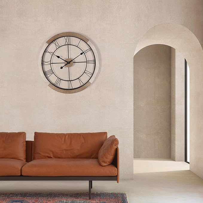 Wall Clock for Living Room Decor, 24'' Big Wall Clocks for Office, Rustic Clock Battery Operated, Distressed White Roman Numeral Clock, Round, Wood Wall Clock