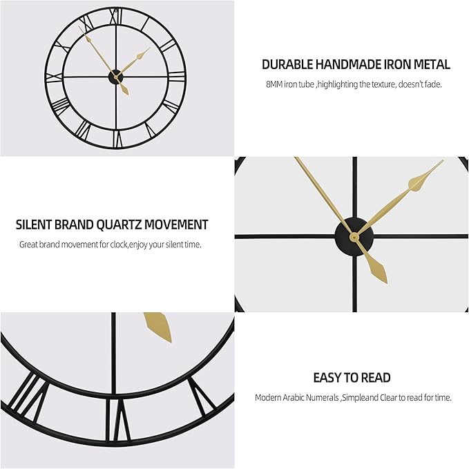 LEIKE 40 Inch Extra Large Modern Wall Clock, Oversize Rustic Round Nearly Silent Battery Operated, Black Metal Roman Numerals Wall Clocks for Living Room, Bedroom, Entrance Home Decor