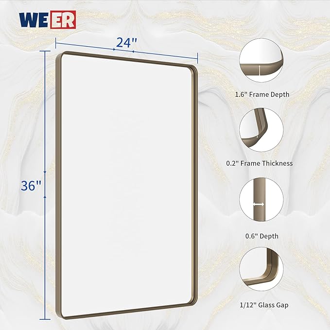 WEER 24x36 Inch Bronze Bathroom Mirror for Vanity, Brushed Bronze Metal Frame Rounded Rectangle Mirror with Tempered Glass, Anti-Rust (Horizontal/Vertical)