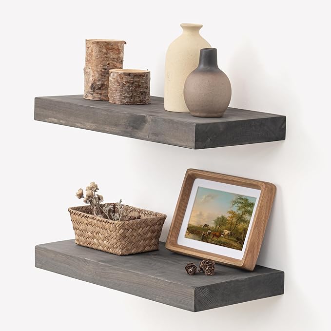 Marsmiles Floating Shelves for Wall - Small Wood Floating Shelves Set of 2-16 Inch Wide x 7.7 Inch Deep x 1.6 Inch Thick Rustic Grey Wooden Shelves for Room Wall