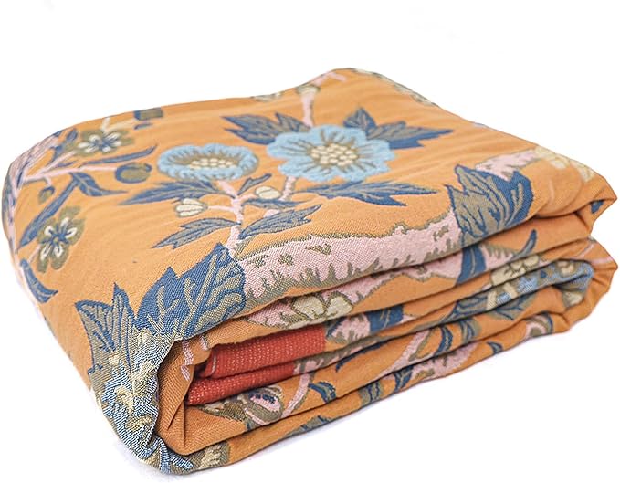 Snycler Boho Throw Blanket for Bed - 100% Cotton Ultra Soft Rustic Quilt Blanket Orange Bird Floral Printed Farmhouse Decor Bed Blankets, 60"×80" All Season Rustic Throw for Sofa Couch Chair