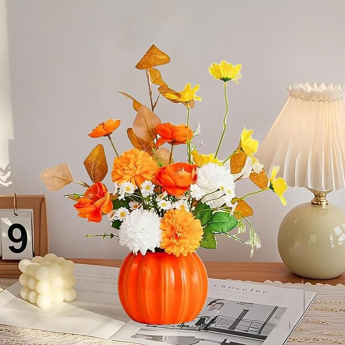 Artificial Flowers, Fake Flowers in Vase, Silk Flowers with Ceramic Vase, Faux Flowers Arrangement for Homes, Restaurants Decoration Dining Table Centerpiece Decor (Orange)