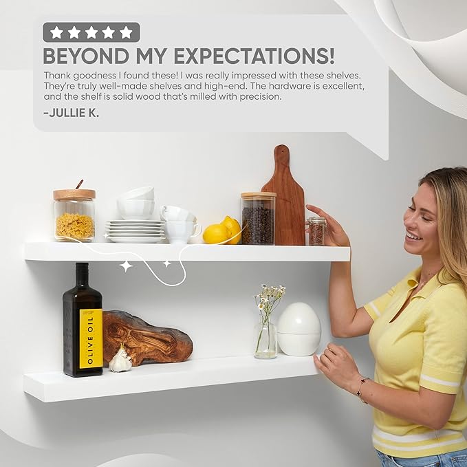 Homeforia White Floating Shelves 36 inch, High End Solid Real Wood 36inch Floating Shelf for Wall Mounted, White Wooden 36in Long Floating Shelves, Heavy Duty Bracket, 36 X 6.5 X 1.75 inches, Set of 4