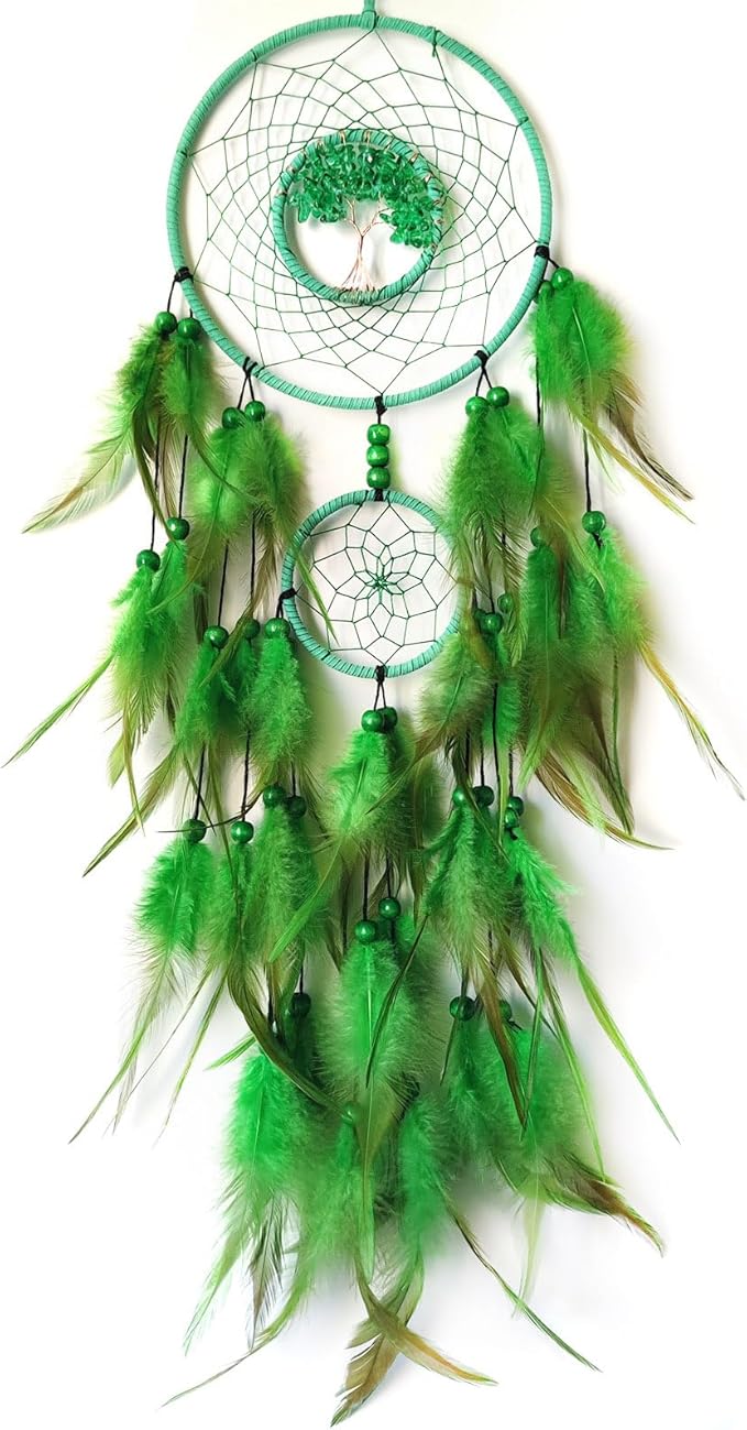 Green Dream Catcher Wall Decor Crystal Tree of Life Dream Catchers Handmade Feather Dreamcatcher Wall Hanging Ornament for Bedroom Living Room Home Decor
