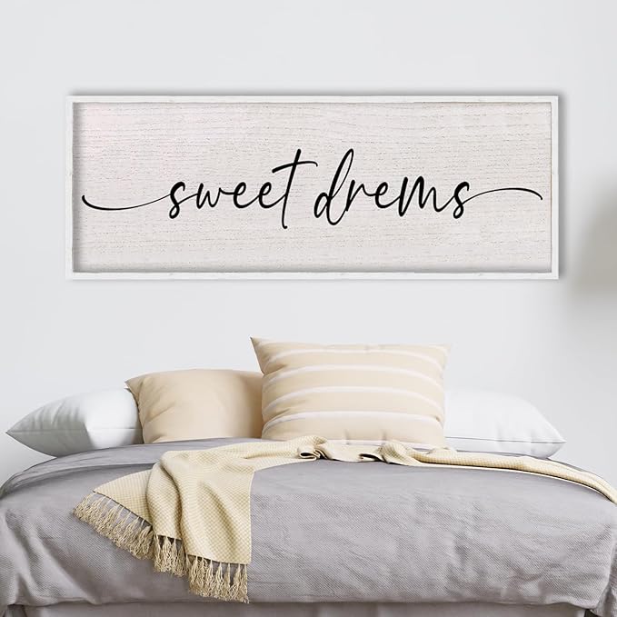 LuZhiQiang Sweet Dreams Sign Wall Decor Above Over Bed 40" x 15" Large Wood Framed for Guest Room Master Bedroom Hanging Wall Art (White)