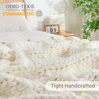 Chunky Knit Blanket Throw, 100% Hand Knit Throw Blanket Handmade Chenille Cable Knit Throw for Couch, Stylish Cozy Soft Rope Knot Crochet Blanket for Home Decor, Ivory, 40x50 Inches