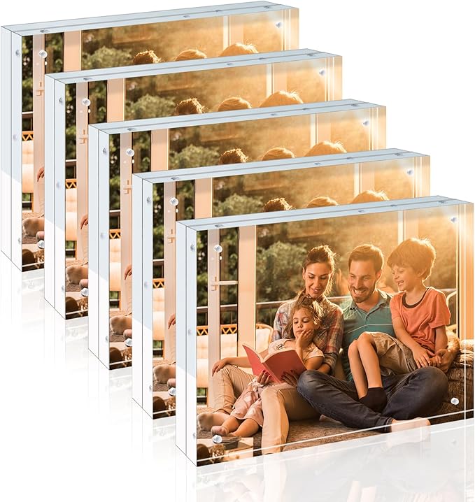 Egofine 8x10 Acrylic Frames 5 Pack, 20mm Thicker Frameless Clear Picture Frames, Double Sided Magnetic Picture Frames, Free Standing Desktop Display