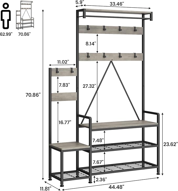 IDEALHOUSE Hall Tree with Bench and Shoe Storage Parent-Child Coat Rack Shoe Bench Industrial Coat Tree Entryway Large Organizer with Shoe Rack, Storage Cubbies, Hooks, and Top Shelf