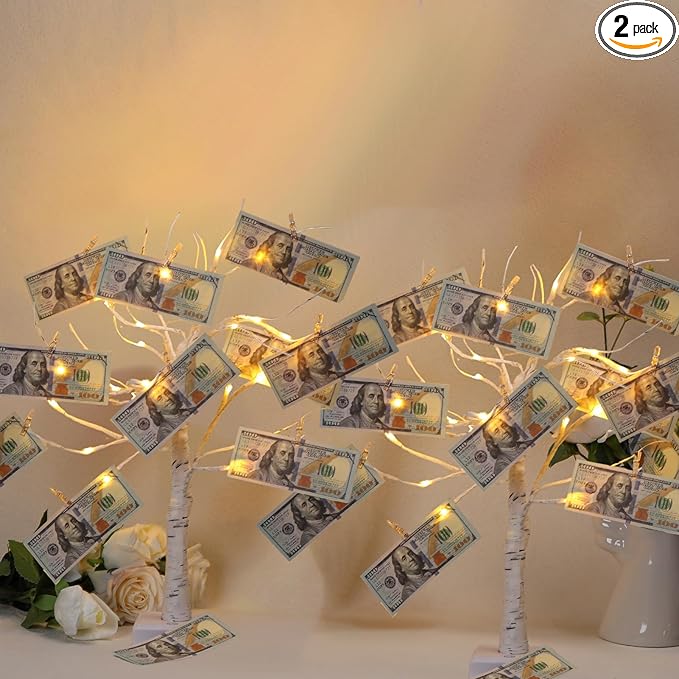 Meonua2-pack Money Tree Gift Card Holder LED Twig Lights - Battery/USB Powered Light Up Display with 22 Clear Clips for Birthday Wedding Photo (Warm Color)