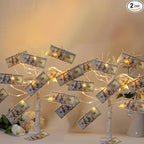 Meonua2-pack Money Tree Gift Card Holder LED Twig Lights - Battery/USB Powered Light Up Display with 22 Clear Clips for Birthday Wedding Photo (Warm Color)