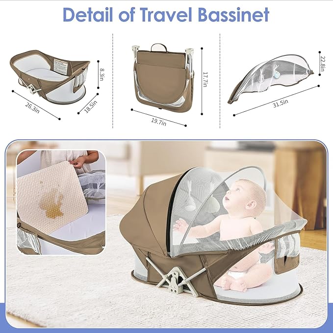 Portable Baby Bassinet Travel Baby Bed, Baby Cribs Travel Pod for Outdoors Baby Lounger Infant Travel Bed with Mosquito Net and Sunshade Canopy, Lightweight Washable