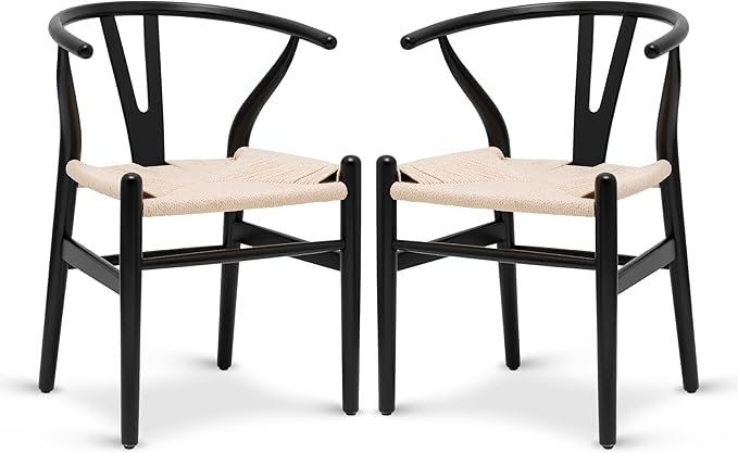 POLY & BARK Weave Dining Chairs – Mid-Century Modern Wishbone Dining Chairs with Arms, Solid Wood Frame, Indoor Use – Black – Set of 2 - Ideal for Dining Room, Kitchen or Stylish Accent Setting