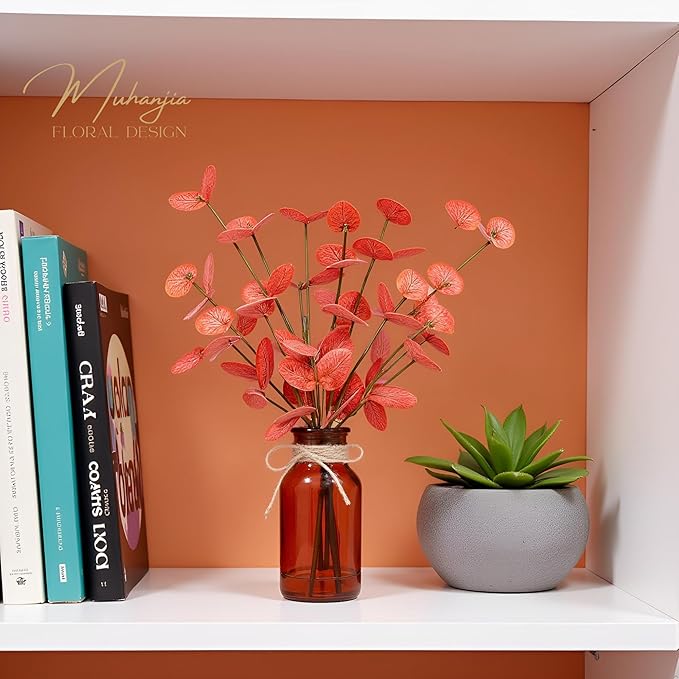 Artificial Eucalyptus Stems in Amber Glass Vase with Faux Water,3Pcs Fake Plant with Double-Sided Orange Leaves for Centerpiece (Double-Sided Orange Eucalyptus)
