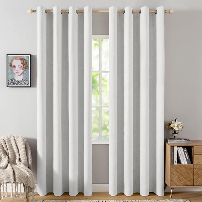 MIULEE 100% Blackout Linen Textured Curtains for Bedroom Solid Thermal Insulated Heathered White Grommet Room Darkening Curtains & Drapes Luxury Decor for Living Room Nursery 52 x 96 Inch (2 Panels)
