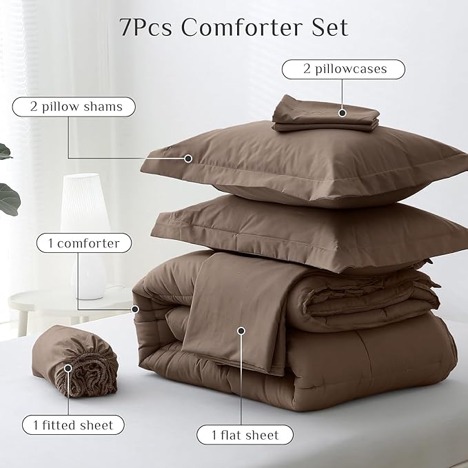 JOLLYVOGUE King Comforter Set, Ultra-Soft Bed in a Bag King Size 7 Pieces, Oeko-TEX Certified Bedding Set with Down Alternative Comforter, Sheets, Pillowcases & Shams, Brown