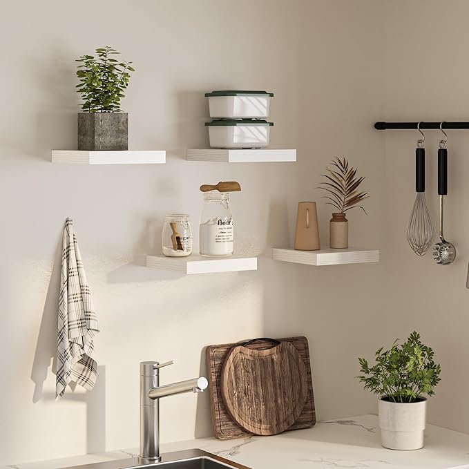 Square Floating Shelves for Wall, 10" W x 10" D x 1.2" H, Small Wooden Wall Mounted Display Shelves with Invisible Brackets for Living Room, Bedroom, Bathroom, Kitchen Decor, Set of 4, White