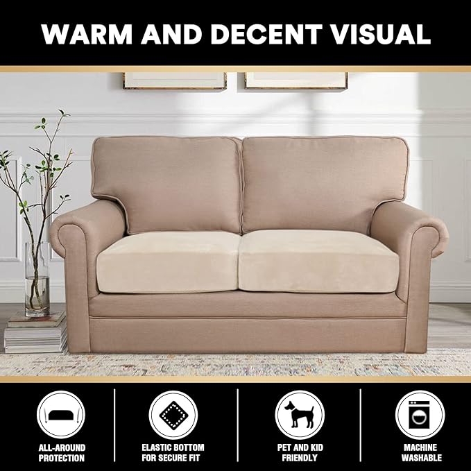 PrinceDeco Velvet Couch Cushion Cover Stretch Sofa Seat Covers Washable Cushion Slipcover for Chair Love Seat Sofa Cushion Furniture Protector Seat Cushion Sofa Cover (Each Width Up to 29.5", Ivory)