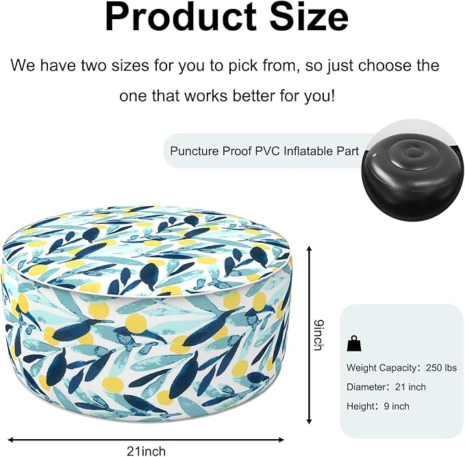 Inflatable Ottoman Stool D21 xH9 for Outdoor/Indoor Use, Water Repellent Patio Foot Rest Stool with Portable Handle,Round Pouf Ottoman Suitable for Garden,Deck and Camping - Leaves Multi