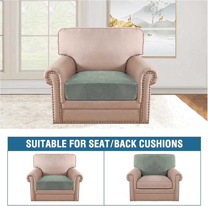 H.VERSAILTEX Velvet Stretch Couch Cushion Cover Plush Cushion Slipcover for Chair Cushion Furniture Protector Seat Cushion Sofa Cover (1 Piece Armchair Cushion Covers, Sea Grass)