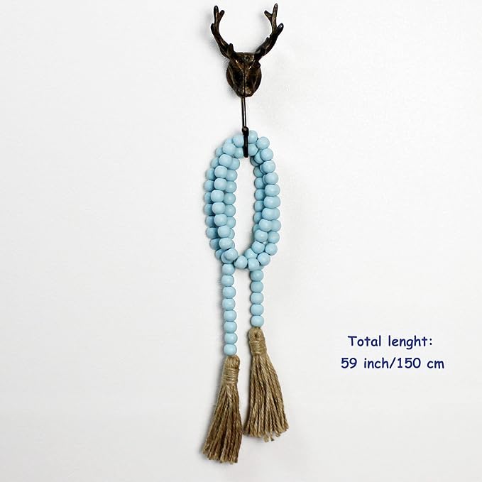 CVHOMEDECO. Wood Beads Garland with Tassels Farmhouse Rustic Wooden Prayer Bead String Wall Hanging Accent for Home Festival Decor. Teal Distressed