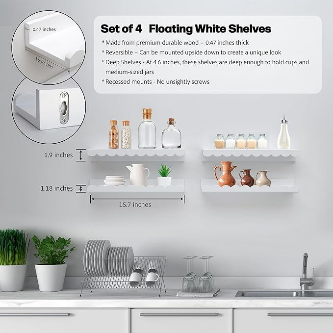 Scalloped Shelves - Set of 4 Pre-Assembled 15.6inch White Floating Nursery Book Shelves, Scalloped Book Shelf - Kids Wall Decor, Nursery Decor, Floating Shelves for Wall