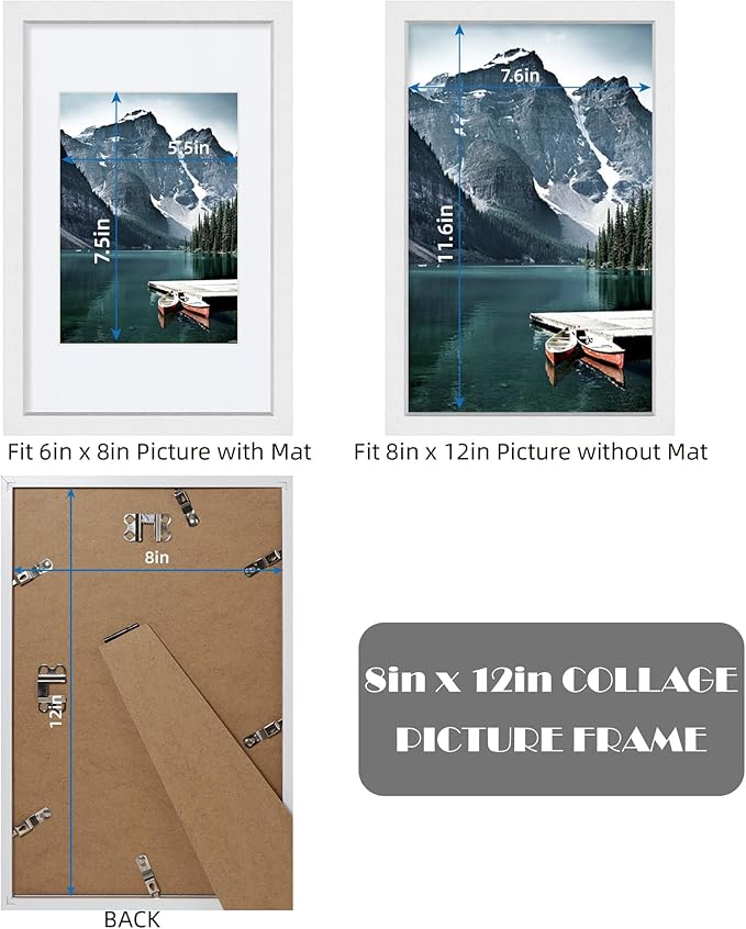 8x12 White Picture Frames set of 3, Made of Wooden and Glass Photo frame - Displays 6x8 Picture with Mat or 8 x 12 Poster without Mat, Desktop & Wall Collage Frame set