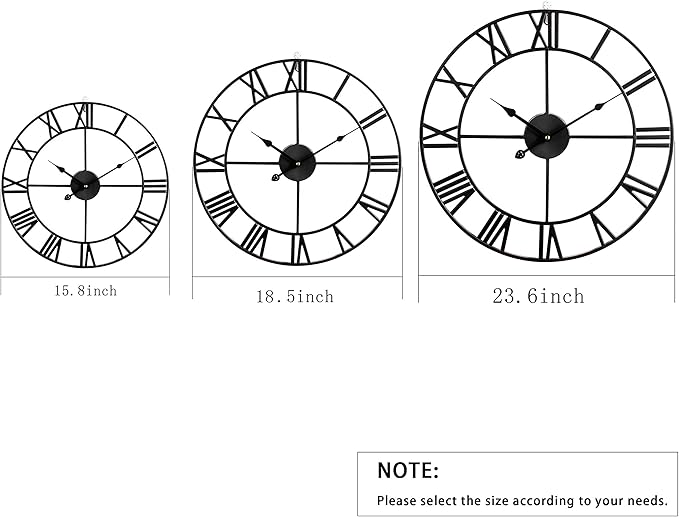 Large Wall Clock, Metal Retro Roman Numeral Clock, Modern Round Silent Wall Clocks, Easy to Read for Living Room/Home/Kitchen/Bedroom/Office/School Decor (Black, 18.5 Inch)