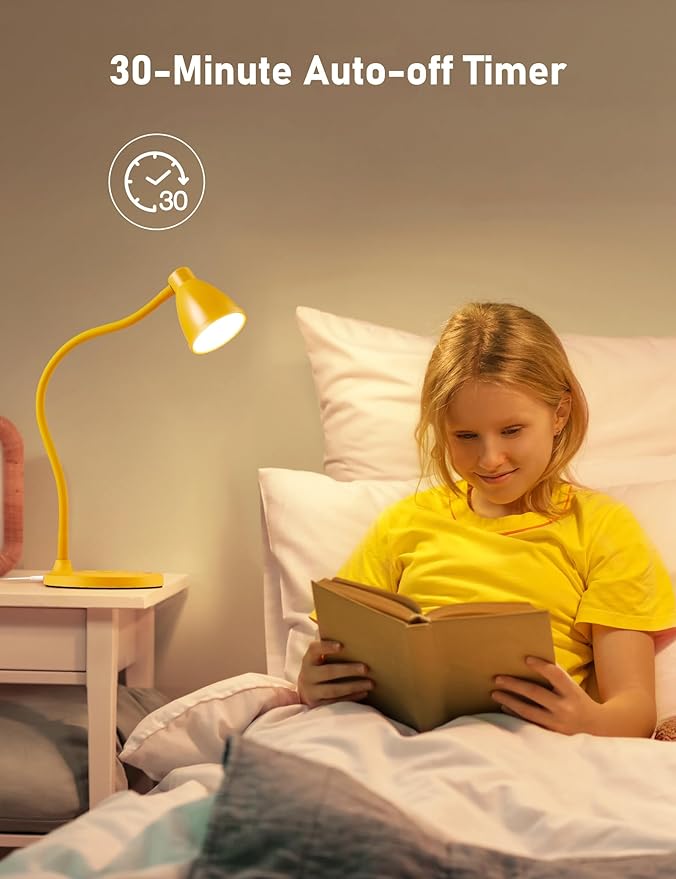 BOHON LED Desk Lamp with USB C+A Charging Ports Wireless Charger, 5 Colors Stepless Dimming Touch Reading Light, Flexible Gooseneck Lamp for Home Office Bedside Table College Dorm Room, Bright Yellow