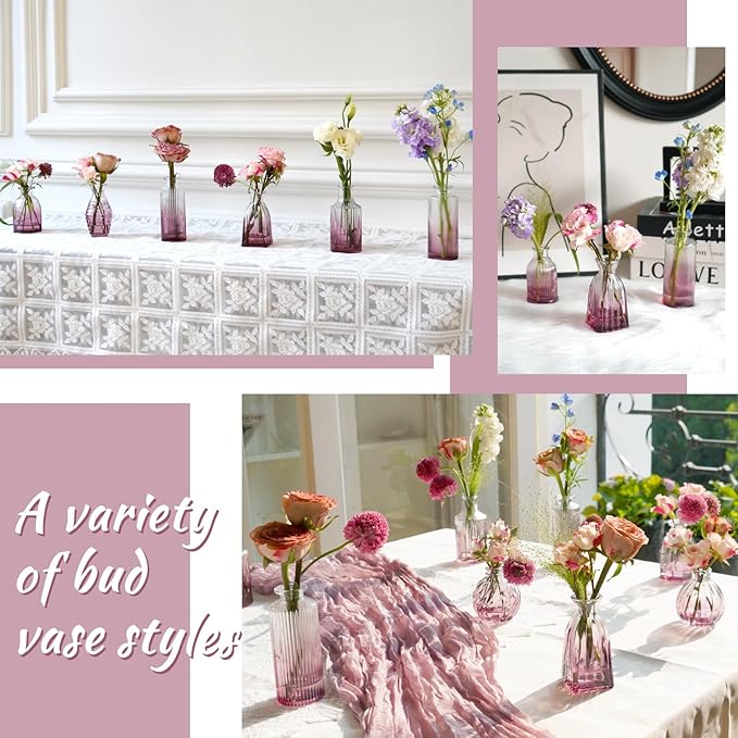 Bud Vases Set of 12, Small Purple Vase Glass Vases for Flowers Vintage Ribbed Colored Wedding Flower Vase for Decor in Bulk Decor Bridal Shower Centerpieces Home Table Decoration