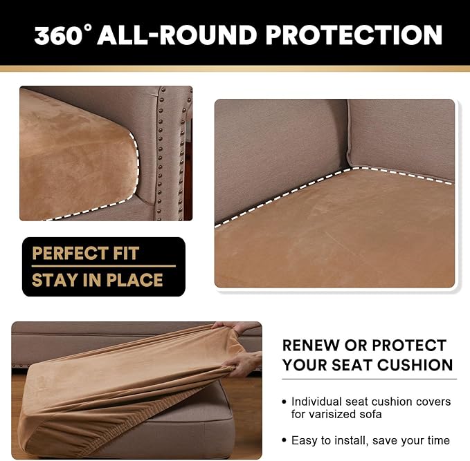 PrinceDeco Velvet Couch Cushion Cover Soft Stretch Cushion Slipcover for Chair Loveseat Sofa Cushion Furniture Protector Seat Cushion Sofa Cover (2 Piece Large Sofa Cushion Covers, Camel)
