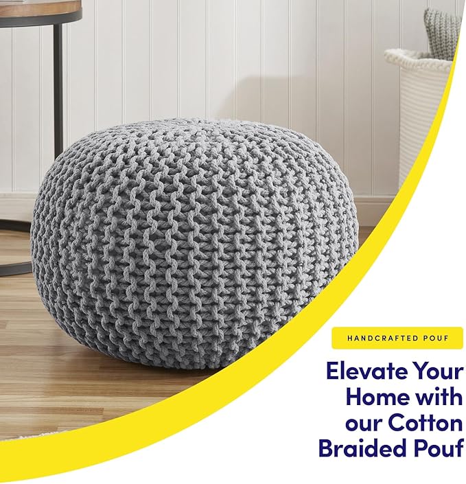 Pouf Ottoman Foot Rest Stuffed – 20” Diameter x 14” Tall Cozy Floor Pouf for Living Room, Bedroom, Nursery & More – 100% Cotton Knit Shell, EPS Bead Filled Footrest & Accent Chair, Gray