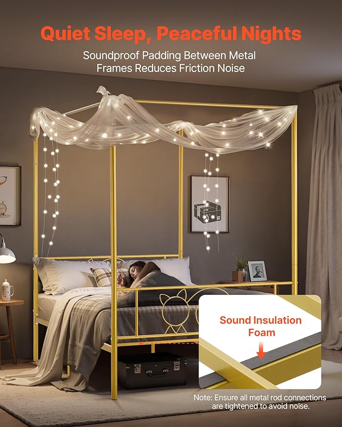 VEVOR Canopy Bed Frame Full Size, Metal Canopy Bed with Minimalist Headboard & Four Posters Design, Heavy Duty Steel Slats Support, Underbed Storage Space, No Box Spring Needed, Easy Assembly, Gold