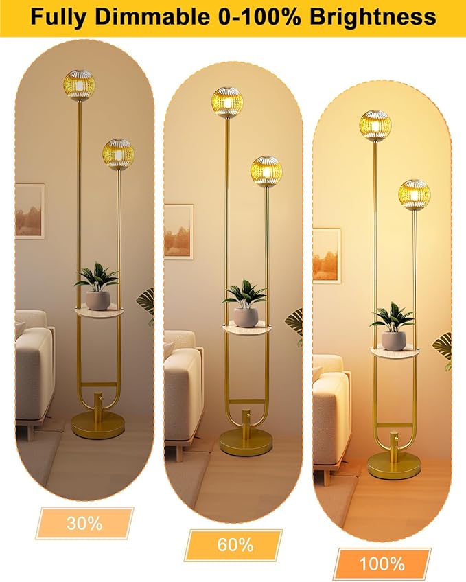 Lightdot Glass Floor Lamp with Tray, 2Pcs 3000K Soft Warm White Bulbs Included, Mid Century Modern Standing Lamps, Gold Dimmable Globe Floor Lamp for Living Room/Wedding/Party