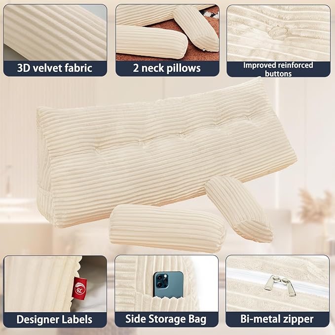 Headboard Wedge Pillow with 2 Pack Neck Roll Pillow Large Headboard Pillow Queen Wedge Pillow Headboard Soft and Supportive Bed Rest Reading Pillows for Sitting in Bed with Removable Cover