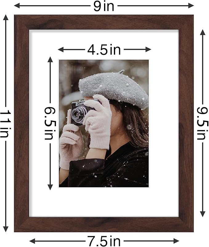 Vittanly 8x10 Picture Frames Set of 9, Shatter Resistant Plexiglass, Display 5x7 Pictures with Mat or 8x10 without Mat, Photo Frames for Wall or Tabletop, Engineered Wood, Walnut