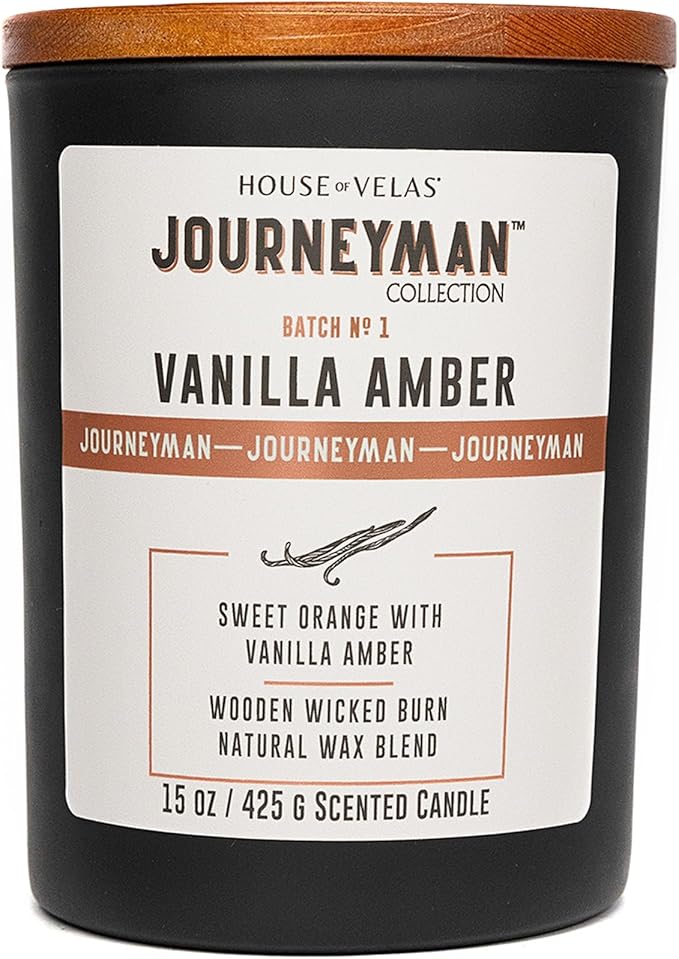 Journeyman Collection Candle, 15oz, Wooden Wick, Vanilla Amber, Large Painted Jar