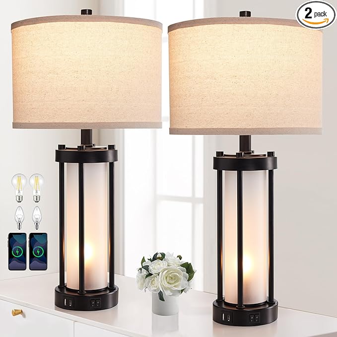 RORIA Set of 2 Modern Table Lamps for Living Room with 2 USB Ports, White Frosted Glass Nightlight for Bedroom, Contemporary Desk Lamps for Nightstand End Table Entryway, 4 Bulbs Included (Black)