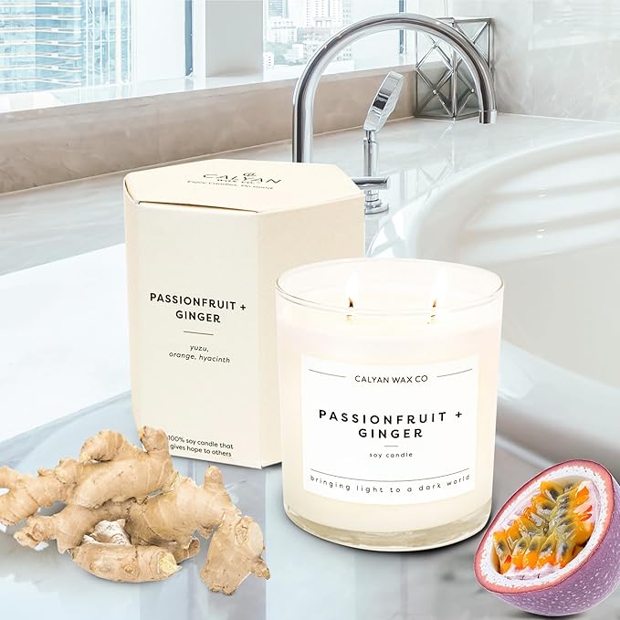 Calyan Wax Co. 3 Wick Candle, Passionfruit + Ginger Scented Candle, 43 Hour Burn Time, 3 Wick Soy Candles, Non Toxic & Vegan Soy Wax, Ceramic Scented Candles, 26oz