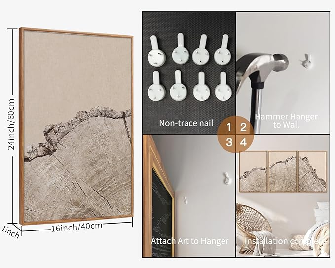 SIGNINART Large Tree Ring Framed Canvas Wall Art Set, Rustic Beige Wooden Wall Decor, Neutral Nature Wood Stump Artwork, Modern Art Prints for Bedroom Living Room Office 24"x36"x3