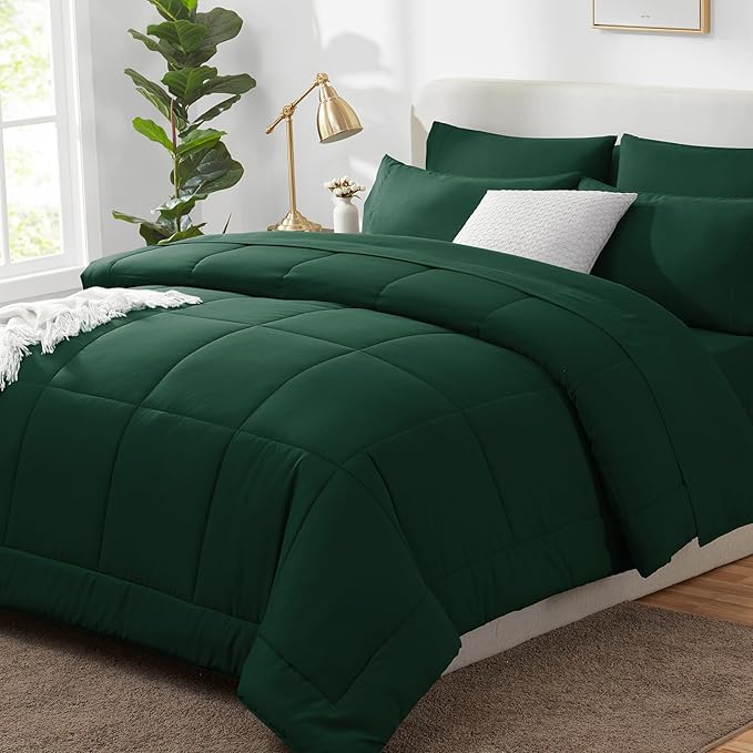 CozyLux King Size Comforter Set Emerald Green, 7 Pieces Bed in a Bag, Green Comforter King Size, All Season Bedding Sets with Stitch Quilted Comforter, Flat Sheet, Fitted Sheet, Pillowcases