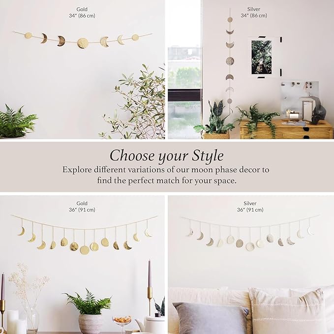 BASE ROOTS Moon Phase, Gold Wall Decor for Bedroom & Living Room, Bohemian Wall Decor, Handmade Hammered Metal 36" 13 Phases Moon, Celestial Wall Art, Gift for Women & Kids