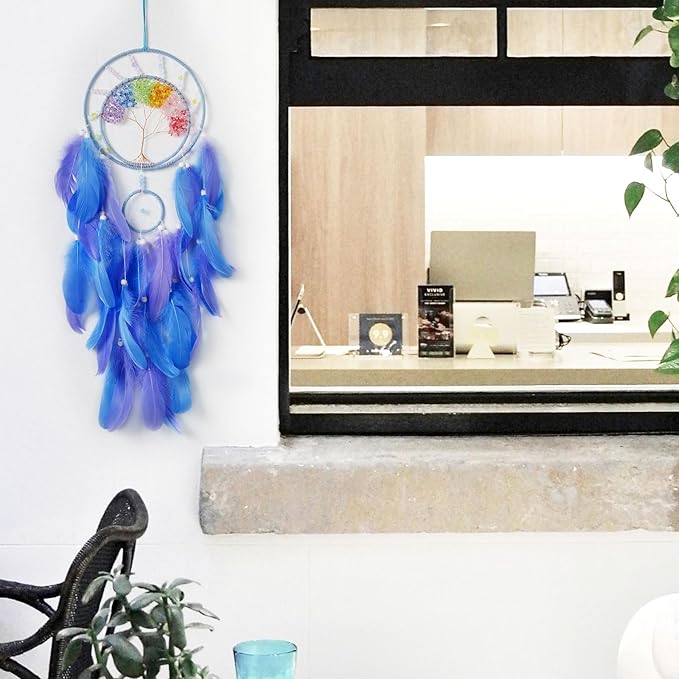 7 Chakras Dream Catchers Tree of Life Dream Catcher Blue Purple Feather Dreamcatcher Wall Decor with Rainbow Healing Crystal Stone Wall Art Hanging for Bedroom Home Decor Bless Gift Wedding Party