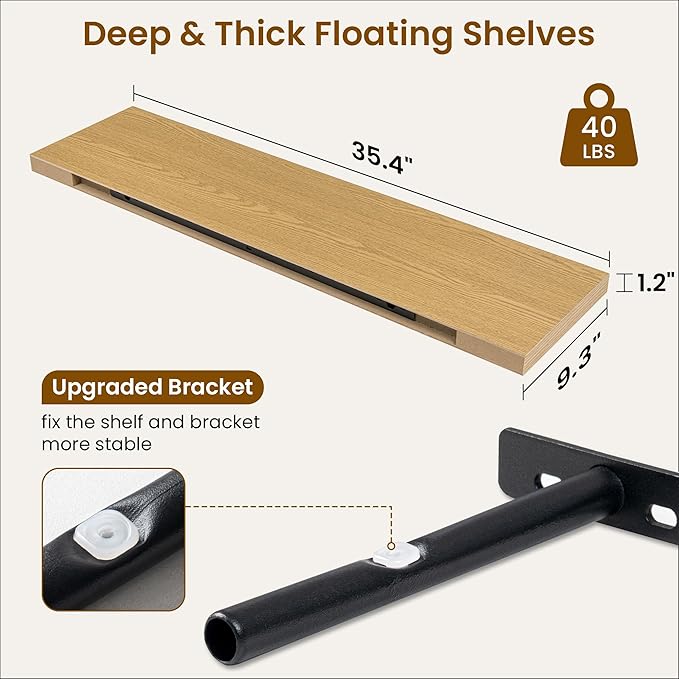 Fun Memories 36 Inch Deep Floating Shelves for Wall, 2 Pack of Wall Mounted Wood Shelves with Invisible Brackets for Bathroom, Bedroom, Living Room, Kitchen Decor and Storage, Oak