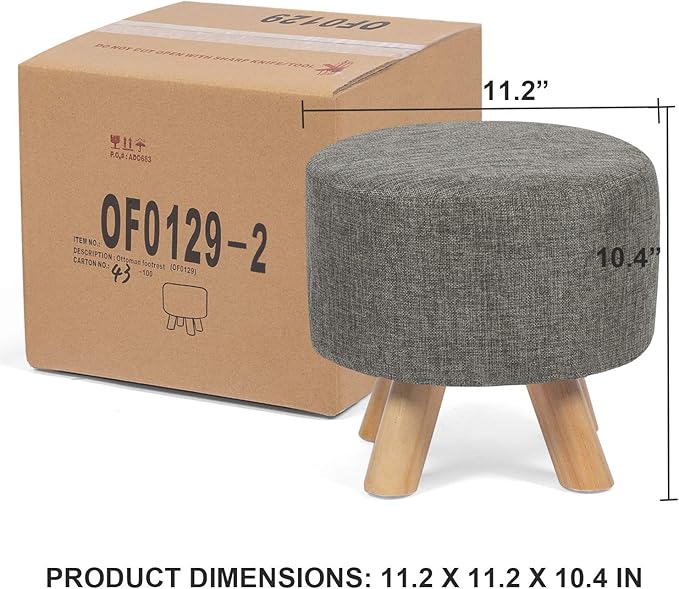 Asense Small Round Ottoman Foot Rest Stool Linen Padded Seat Footstool Ottoman with Anti-Slip Wooden Legs (Gray,Linen)
