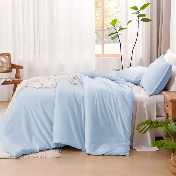 Litanika Comforters Light Blue California King Size, 3 Pieces Cal King Lightweight Solid Bedding Comforter Set, All Season Fluffy Bed Set (104x96In Comforter & 2 Pillowcases)