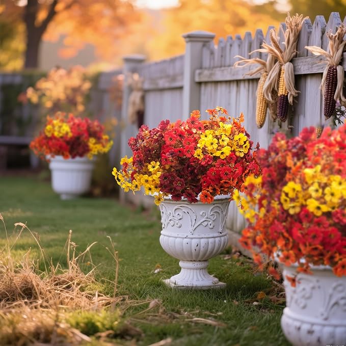 20 Bundles UV Resistant Artificial Fall Flowers for Outdoor - No Maintenance Thanksgiving Decor with Orange Blooms, Faux Silk & Plastic Plants for Porch, Yard (Fall Coffee Mix)