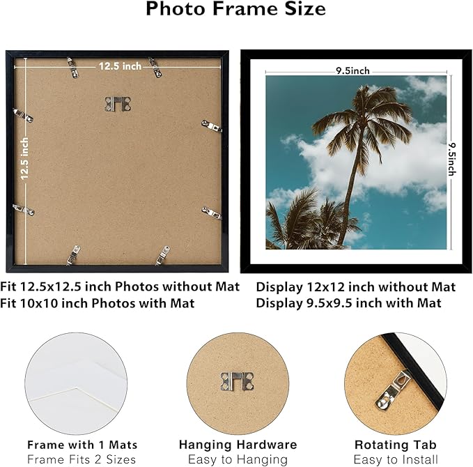 12 Pack 12.5x12.5 Record Frame with 10x10 Mat for Vinyl Record Album Cover Poster, Display Photo 10x10 with Mat or 12.5 x 12.5 Without Mat, Wall Hanging Vinyl Frames, 12 Pack, Black